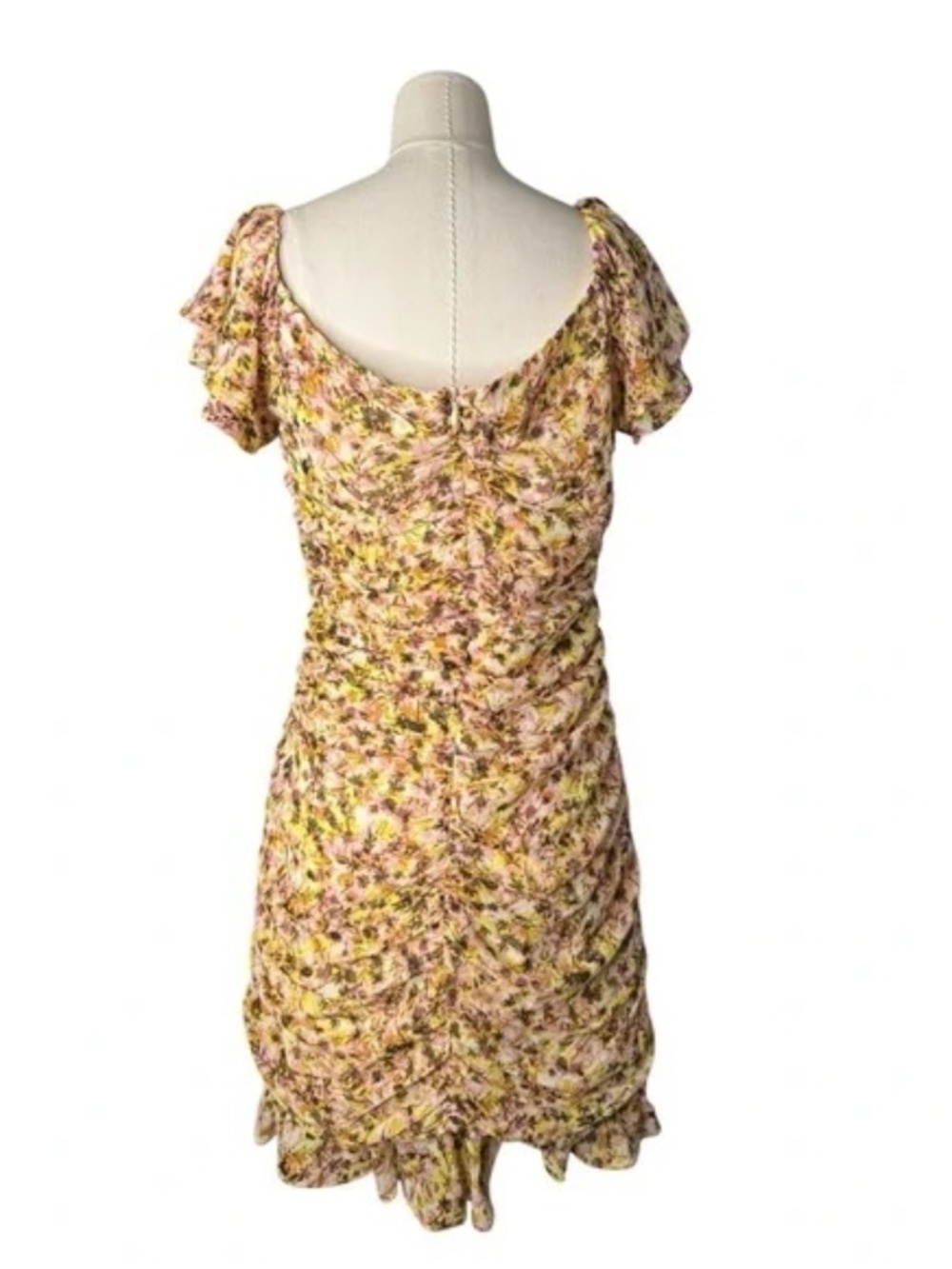 ASTR the Label Shirred Flutter Mini Dress Blush Yellow Multi Floral Print Medium - Picture 2 of 7